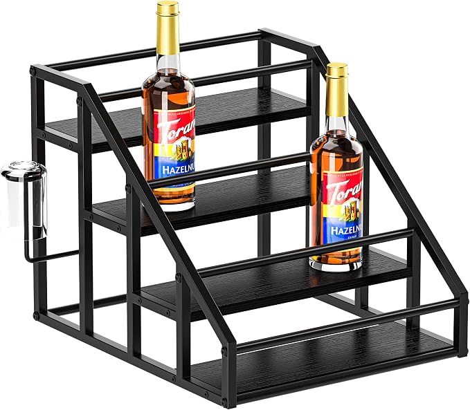 Coffee Syrup Rack Organizer, Spice Racks, Syrup Bottle Holder Stand for Coffee Bar, 4-Tier 16 Bottles Storage Shelves for Syrup, Wine, Dressing for Kitchen Countertop,Black