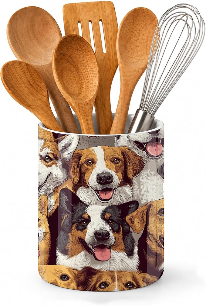 Cute Dog Utensil Holder for Countertop,Funny Ceramic Utensil Crock Organizer for Home Kitchen Spoons,Spatulas and Cooking Tools