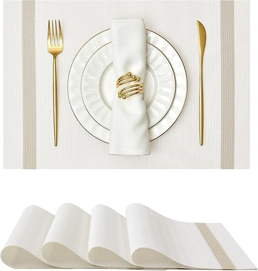 Leetaltree White Vinyl Woven Placemats Set of 4 - Washable Dining Table Placemats Striped, Suitable for Wedding, Anniversary, Daily Use - Table Decor