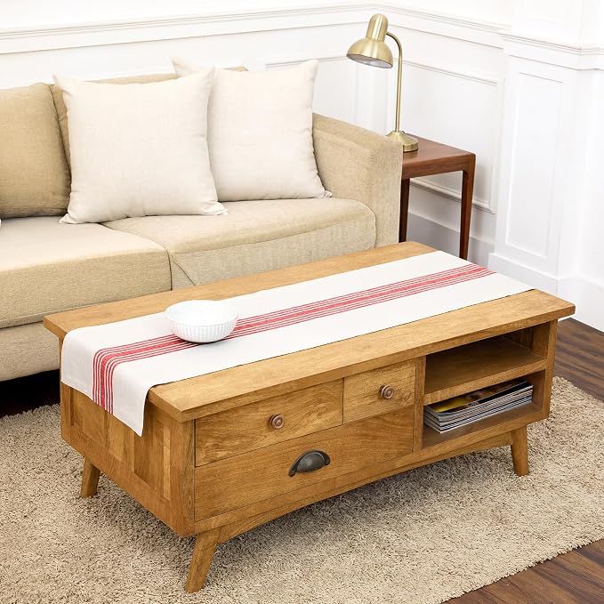 Solino Home Stripe Linen Table Runner 48 Inches - 100% Pure Linen Red and White Farmhouse Table Runner 14 x 48 Inch Ideal for Dresser and Coffee Tables - 4th of July