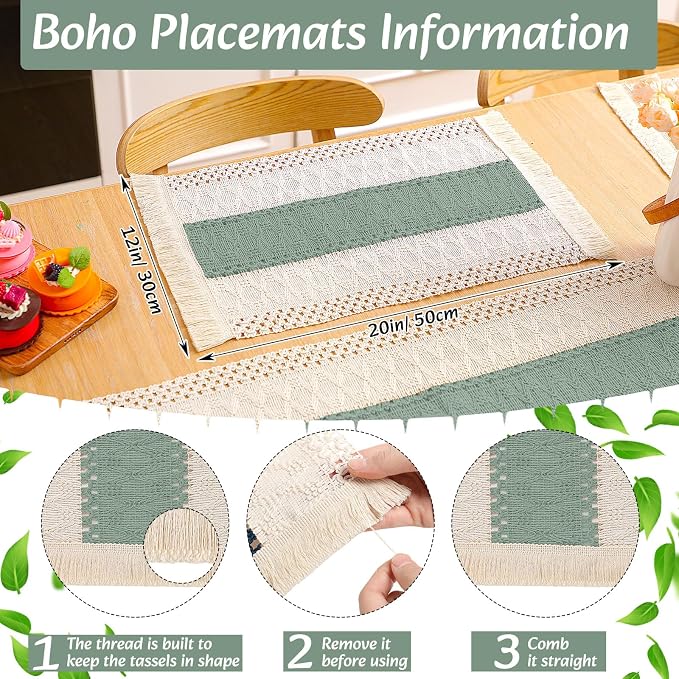 Boho Placemats 4/6/8 Set of Round Woven Placemat Macrame Style Bicolor Stitching Long Table Runner Farmhouse Rustic Natural Burlap Cotton for Kitchen Dining Table(6 Sets,Green,12x72)