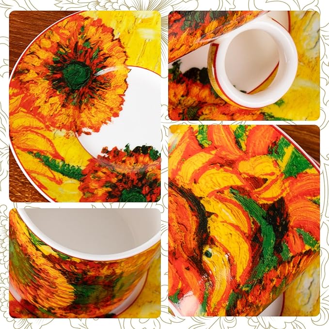 KAMMAK Tea Cups and Saucers Set of 2, Fine Bone China Coffee Cups, Stackable Espresso Mugs, Ceramic Demitasse for Coffee, Cappuccino, Latte, Americano, Tea, Small - Sunflower Oil Painting