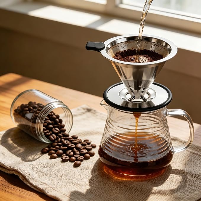 Stainless Steel Pour Over Coffee Dripper, Reusable Coffee Filter with 800 Mesh Double Micro-Mesh Strainer, Paperless Coffee Maker with Heat-Resistant Silicone Handle & Base for 1-2 Cup, Home Camping