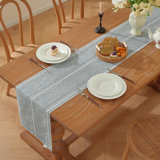 Niviy Boho Cotton Linen Blue Table Runner, Farmhouse Woven Table Runners Spring Summer Holiday Kitchen Dining Table Decoration for Home Party Decor 13 x 72