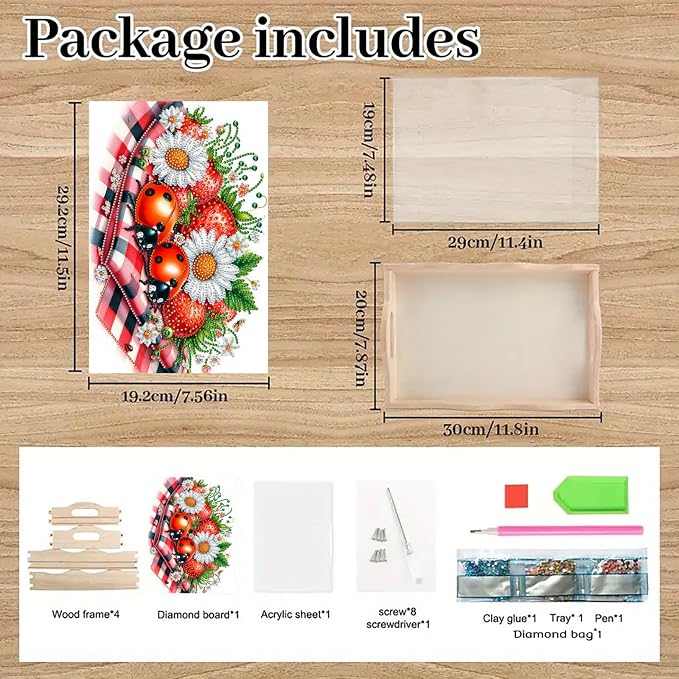 BAYUNOE DIY Diamond Serving Tray Christmas Rectangular Breakfast Tray with Handle Handmade Diamond Art Painting Wooden Tray for Dinner Plate Coffee Room Living Home Organizer-Strawberry