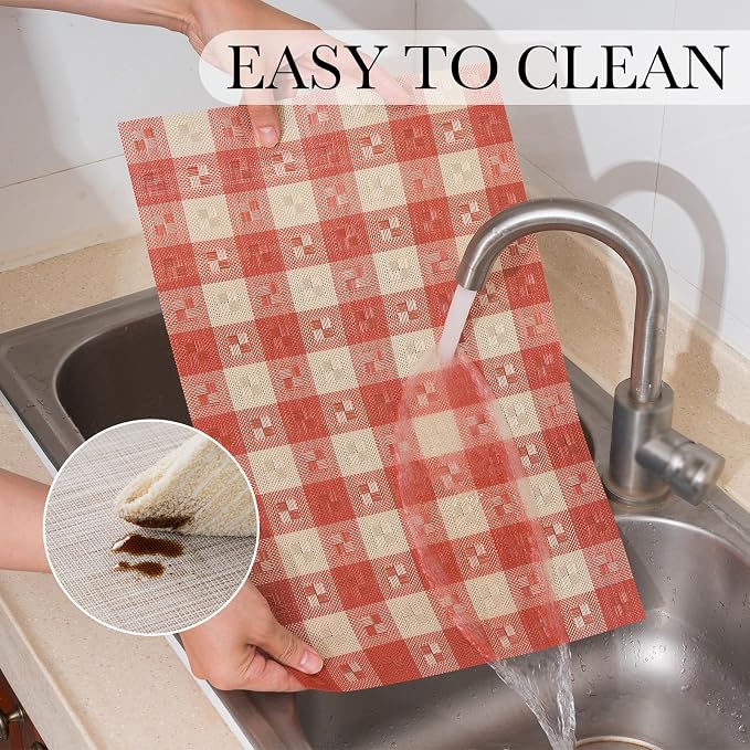 BACKTOEDEN Placemats Set of 6 Heat Resistant Washable Wipeable Placemat Woven Non-Slip Foldable Vinyl/Plastic Place Mats Indoor/Outdoor Mat Kitchen Dining Table Pad, Red Checkered
