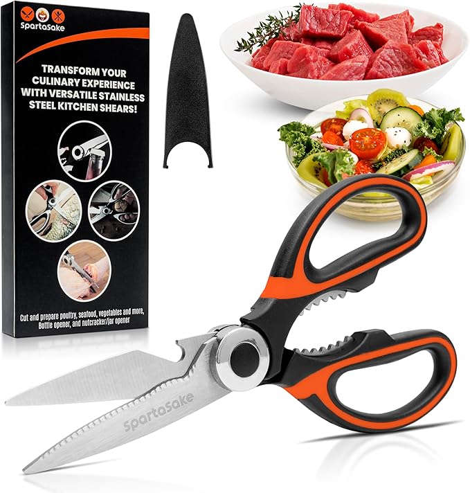 SpartaSake Premium Stainless Steel All Purpose Kitchen Shears with Sleeve - Heavy Duty Ultra Sharp kitchen Scissors for Food - Multipurpose Food Scissors for Meat Poultry Vegetable (Black-Orange)