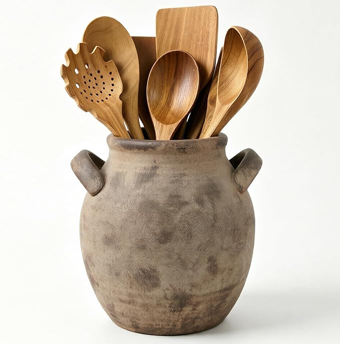 Rustic Kitchen Utensil Holder with Handle,7" Ceramic Farmhouse Stable Utensil Crock for Countertop, Vintage Cooking Tool Organizer & Spatula Holder For Kitchen Decor (Dark Brown)