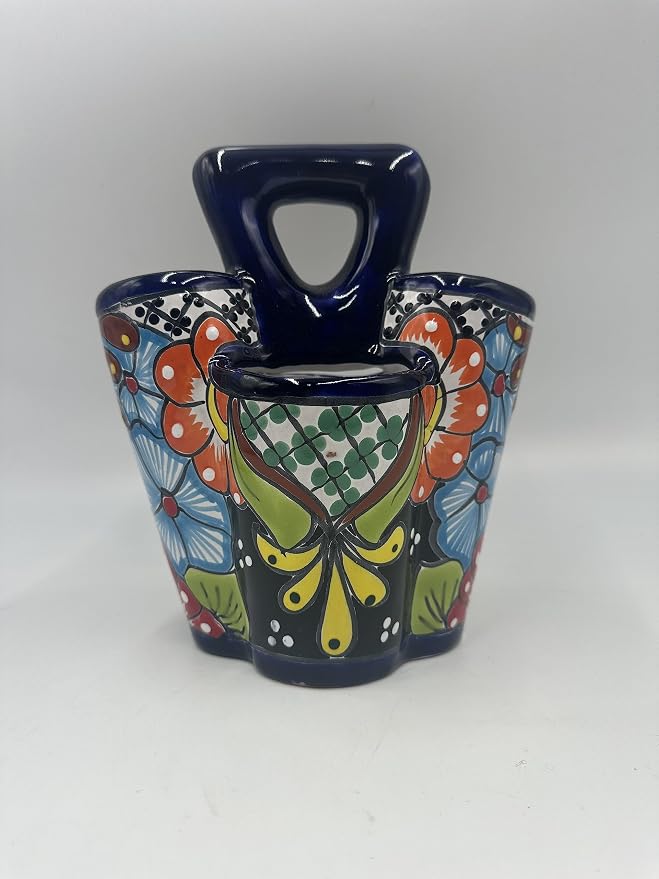 Generic Mexican Artisans Talavera Multicolor Ceramic Utensil Holder with 4 Compartments - Unique and Authentic Mexican Artwork, Colorful Kitchen Utensil Storage Pottery