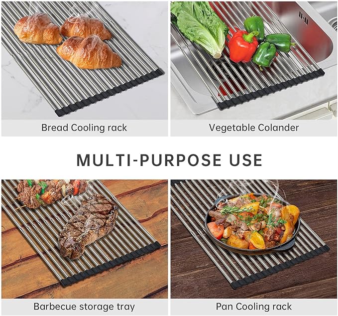 CHIRISEN Expandable Roll Up Dish Drying Rack Large, Foldable Over The Sink Dish Drying Rack, Collapsible Stainless Steel Drainer Over Sink Dish Drying Rack for Kitchen Counter (Black, 21.25''x12.79'')