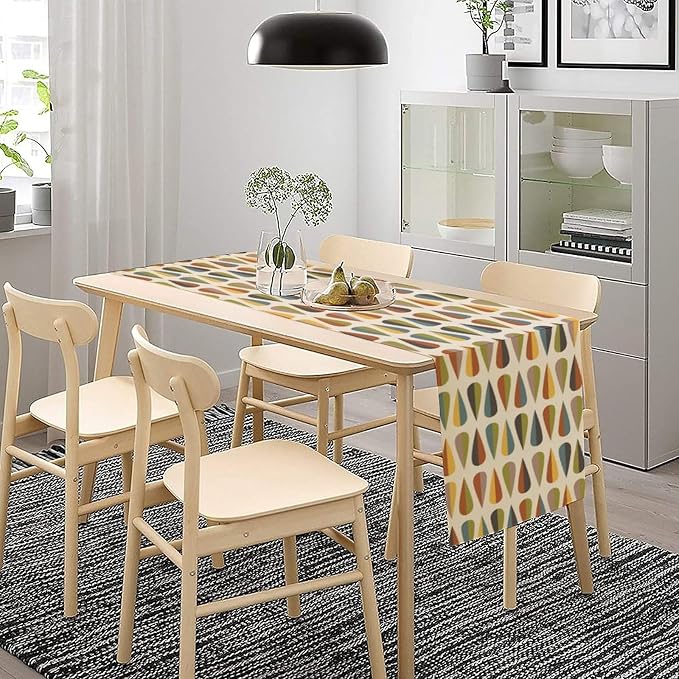 Mid Century Modern Table Runner, Abstract Geometric Drop Shapes Pattern Style Table Runner Country Farmhouse Cottage Linen Table Decoration for Home Kitchen Dining,13x120 Inch
