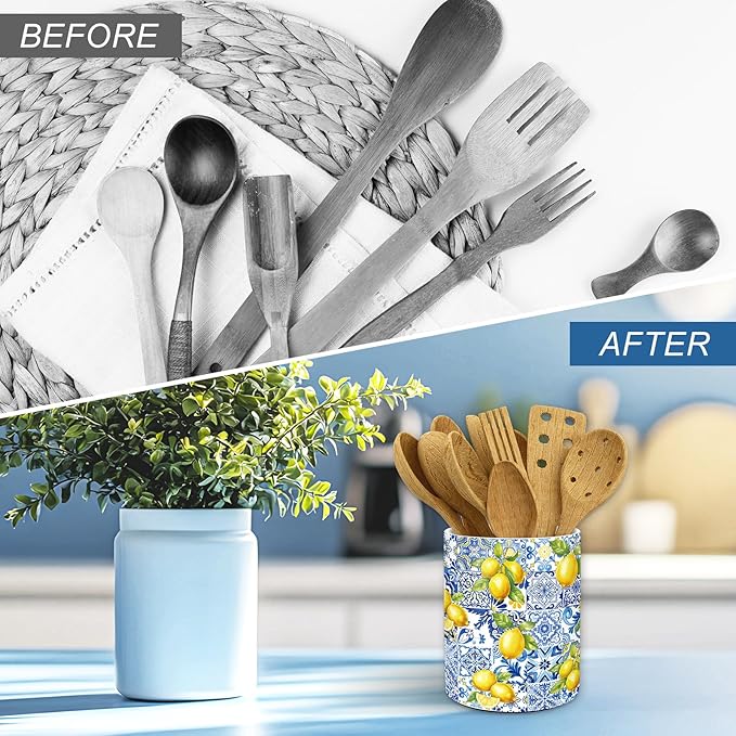 JarThenaAMCS Capri Lemon Ceramic Utensil Holder Blue Tiles Yellow Lemon Utensil Crock for Summer Home Kitchen Countertop Storage Organizer Container
