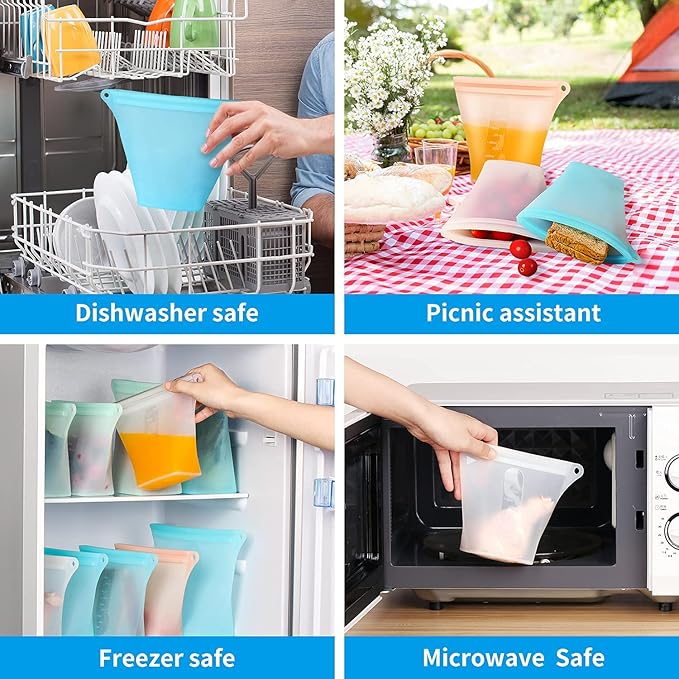 Reusable Silicone Food Storage Bags,Stand Up Leakproof Zip Containers,Reusable Sandwich Bags,Non-Toxic,BPA Free, Dishwasher Safe,Freezer-Safe,Easy to Clean（Set of 5）