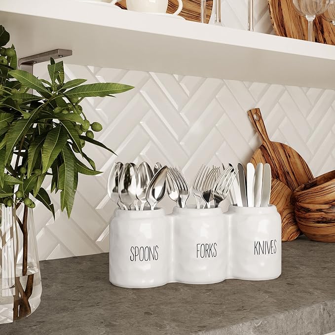 Barnyard Designs Silverware Caddy for Countertop - Cutlery Organizer for Spoon, Fork, and Knife - Ceramic Utensil Holder for Flatware or Plasticware - Perfect for Parties - 12.5” x 4.25” x 5” (White)