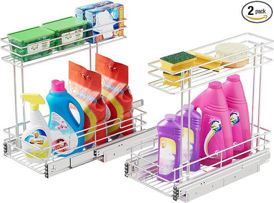 Under Sink Organizer 9" W X17 D, Pull Out Cabinet Organizer 2 Tier, Under Sink Slide Out Chrome Plated, Under Kitchen Bathroom Sink Organizer, Pantry Cabinet Closet Organization Rack, 2 Pack