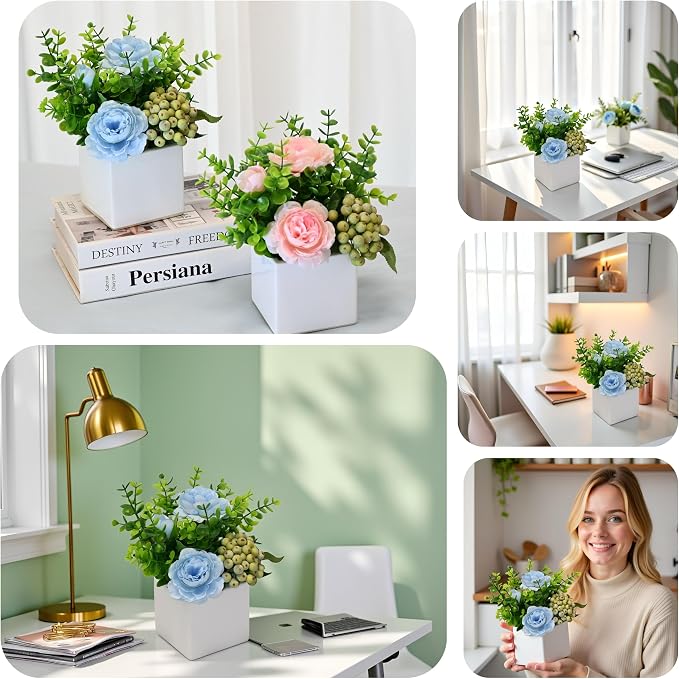LADADA Artificial Blue Rose Potted Flowers with White Square Vase | Faux Eucalyptus Leaves Frosted Berry Floral Arrangement,Small Fake Silk Flower Centerpiece for Office Shelf Home Indoor Decor
