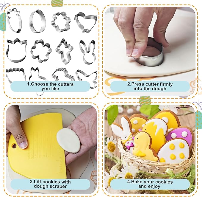 Easter Cookie Cutter Set, 12 PCS Easter Cookie Cutters for Baking, Stainless Steel Spring Cookie Molds - Rabbit, Egg, Chick, Butterfly, Carrot