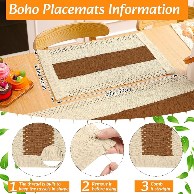Boho Placemats 4/6/8 Set of Round Woven Placemat Macrame Style Bicolor Stitching Long Table Runner Farmhouse Rustic Natural Burlap Cotton for Kitchen Dining Table(4 Sets,Caramel Color,12x72)