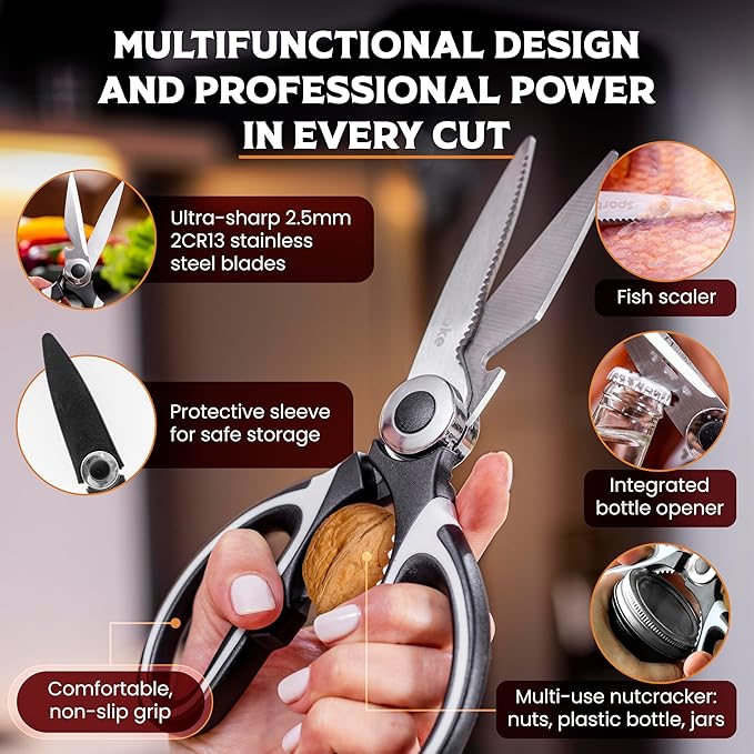 SpartaSake Premium Stainless Steel All Purpose Kitchen Shears with Sleeve - Heavy Duty Ultra Sharp kitchen Scissors for Food - Multipurpose Food Scissors for Meat Poultry Vegetable (Black-White)