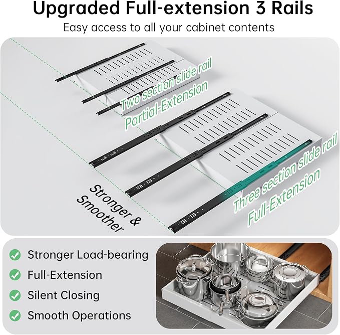 Pull out Cabinet Organizer, 1 pack, 20.5" Deep Heavy Slide out Drawers, Upgrade Three Triple-Slide Rail Systems, Expandable 12.8"-20.8" Roll out Shelf Storage for Kitchen Base Cabinet Organization