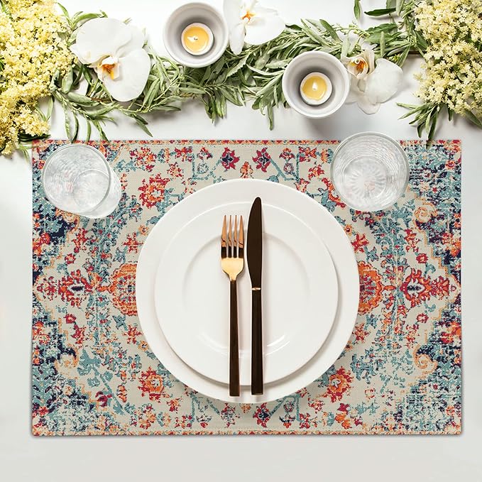Ethnic Boho Placemats Set of 6 Southwest Orange Blue Teal Carpet Woven Texture Linen Washable Kitchen Dining Table Mats Stain Heat-Resistant Desktop Decor Place Mats for Home Party Indoor 12x18 inch