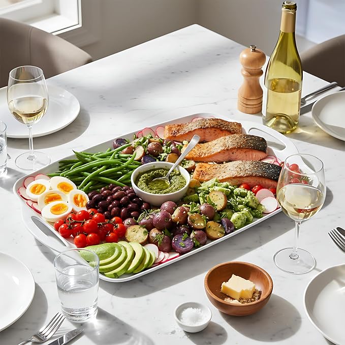 TP Large Serving Trays with Handles, 19" x 12" Melamine Serving Platters for Food, Turkey, Set of 2 Rectangular Trays for Party, Pure White