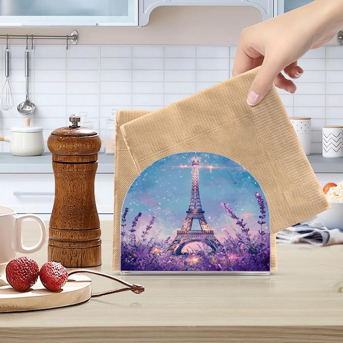 Napkin Holder Acrylic Napkin Holder for Table Kitchen Party Restaurant U Shaped Upright Napkin Dispenser Organizer Lavender Eiffel Tower Purple
