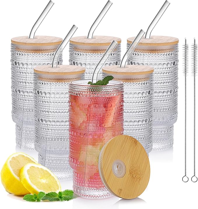 16oz Glass Cups with Lids and Straws, 6 Pack Vintage Drinking Glasses Tumblers Polka Dot Iced Coffee Cups for Kitchen, Home, Office, Gifts