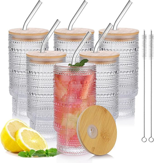 16oz Glass Cups with Lids and Straws, 6 Pack Vintage Drinking Glasses Tumblers Polka Dot Iced Coffee Cups for Kitchen, Home, Office, Gifts