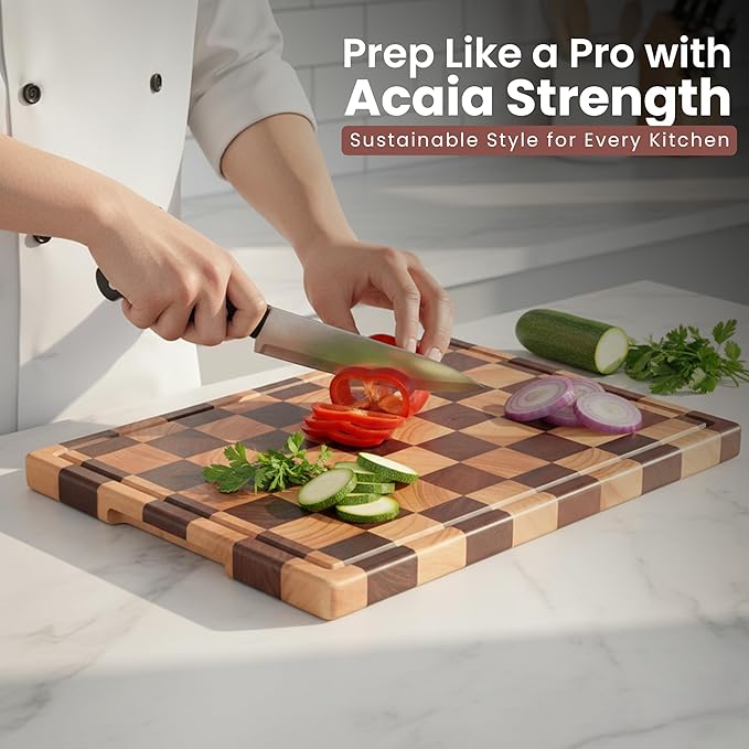 Checkered Cutting Board for Kitchen, Acacia Wood, Butcher Block Chopping Board with Juice Grooves & Handles, Large 16.5"x11.6" Serving Tray & Charcuterie Board, Gift Box Included