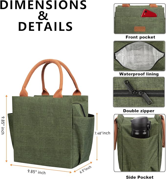 Joymee Lunch Box for Women Reusable Leakproof Insulated Lunch Bag-Green | Large Capacity, Bottle Holder & Side Pockets, Leakproof Insulated Design, for Work, Travel, Picnic & Daily Use, for Adult