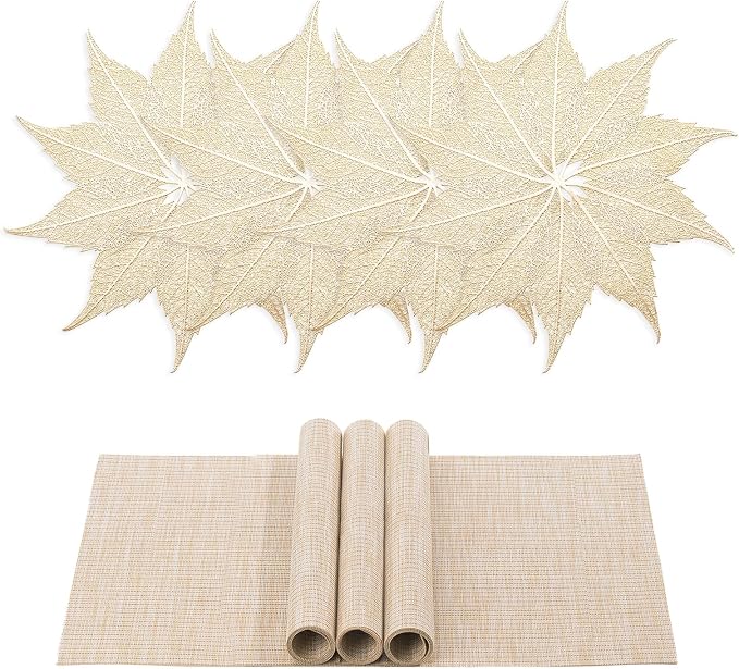 BACKTOEDEN Placemats Set of 4 Heat Resistant Washable Wipeable Placemat Woven Non-Slip Foldable Vinyl/Plastic Place Mats Indoor/Outdoor Mat Kitchen Dining Table Pad, Gold Maple Leaf & Beige