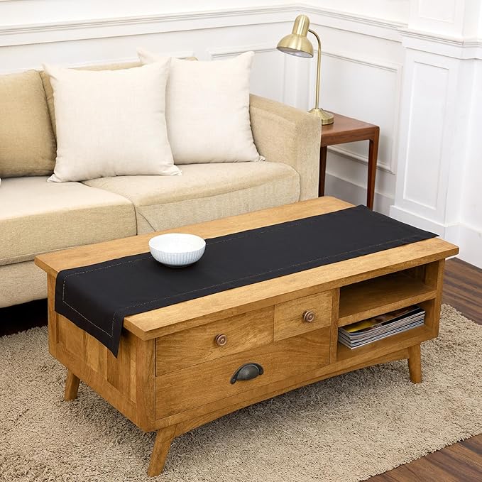 Solino Home Black Table Runner 48 Inches - Cotton Linen Hemstitch Coffee Table Runner 14 x 48 Inch Ideal for Dresser Tables - Spring, Summer