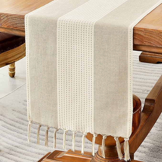Wracra Linen Table Runner, Farmhouse Macrame Table Runners 108 Inches Long for Dining Table Decor, Wedding, Party and Dresser Decor (Light Coffee,108")