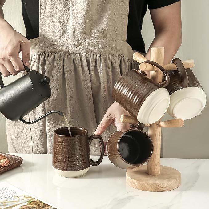 HASENSE Porcelain Coffee Mugs Set of 4-15 Ounce Large Ceramic Coffee Cups Set with Handle for Latte, Tea, Cocoa and Hot Chocolate, Brown Coffee Mugs for Men and Women, Microwave Safe