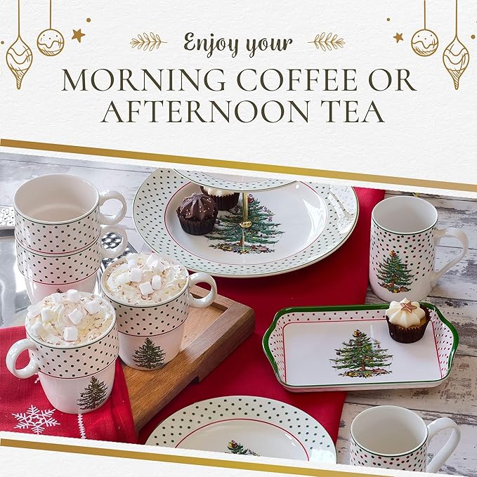 Spode Christmas Tree Polka Dot Stackable Mugs, Set of 4 - Festive 10oz for Hot Chocolate & Coffee, Space-Saving Design, Dishwasher, Microwave, Freezer Safe - Fine Earthenware Holiday Mugs