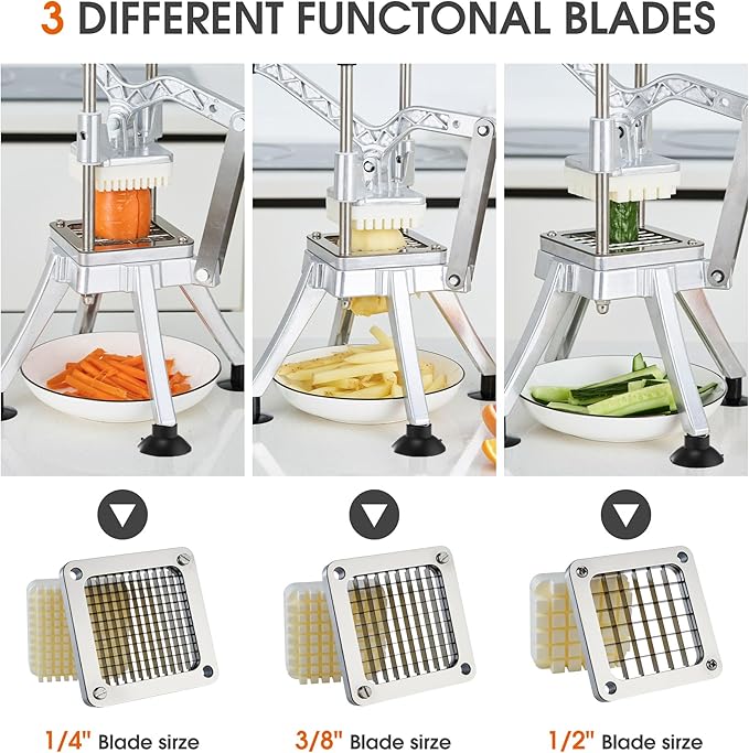 Commercial Vegetable Chopper Potato Dicer & Fruit Slicer, Stainless Steel French Fry Cutter with 3 Replacement Blades(1/2 Inch, 3/8 Inch and 1/4 Inch Blades) for Restaurants & Home Kitchen