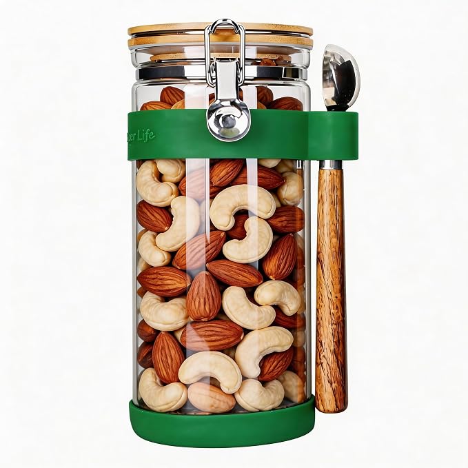 KKC 1.5-Quart Large Glass Nuts Storage Container, Airtight Food Storage Jar with Bamboo Lid & Scoop, Keeps Nuts Crunchy & Fresh, Perfect for Pantry Organization & Storing Nuts, Almonds, Peanuts