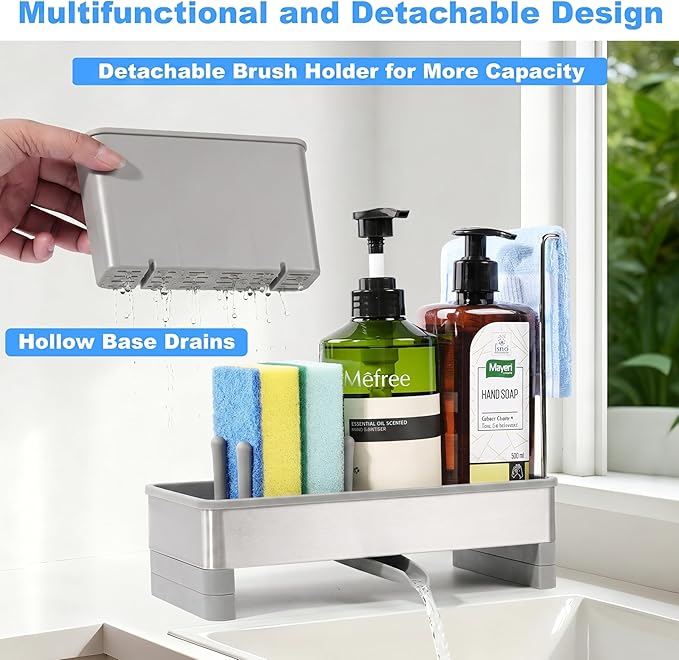 Kitchen Sink Caddy Organizer, Stainless Steel Sponge Holder, Kitchen Caddy Sink Organizer with Dish Brush Holder and Dishcloth Rack, Rustproof Dish Sponge Drying Rack for Countertop Storage