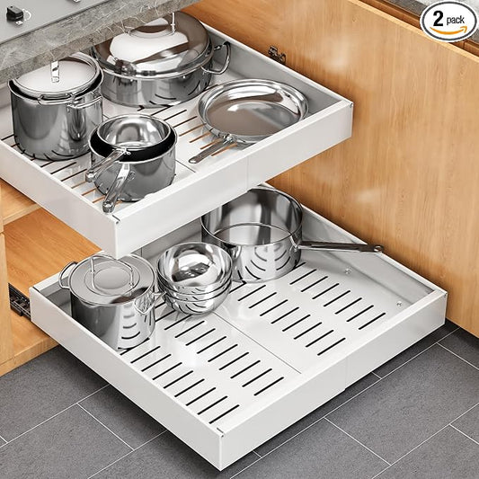Pull out Cabinet Organizer, 2 pack, 16.5" Deep Heavy Slide out Drawers, Upgrade Three Triple-Slide Rail Systems, Expandable 12.8"-20.8" Roll out Shelf Storage for Kitchen Base Cabinet Organization