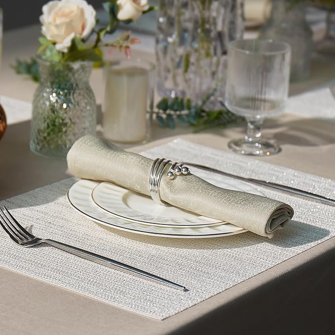 Leetaltree Sparkling White and Silvery Vinyl Woven Placemats Set of 6 - Durable - Washable - Wipeable Dining Table Place Mats, Suitable for Indoor & Outdoor Use - Hand-Cut