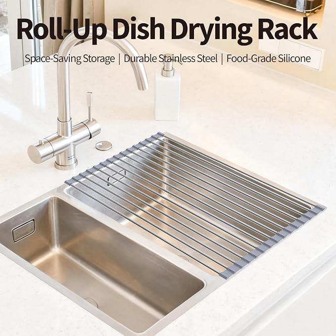 Roll Up Dish Drying Rack for Over Sink - 17.5"x15.7" Foldable Stainless Steel Kitchen Drainer,Gray