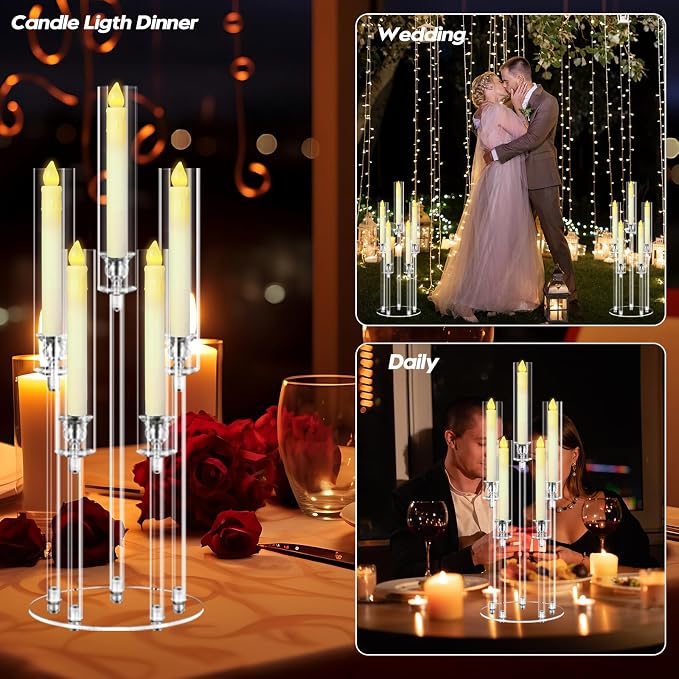5 Arms Acrylic Candelabra Centerpieces for Tables, 27" Clear Candle Holder for Wedding Dinner Party and Home Decor,Candlesticks Holder with LED Candles
