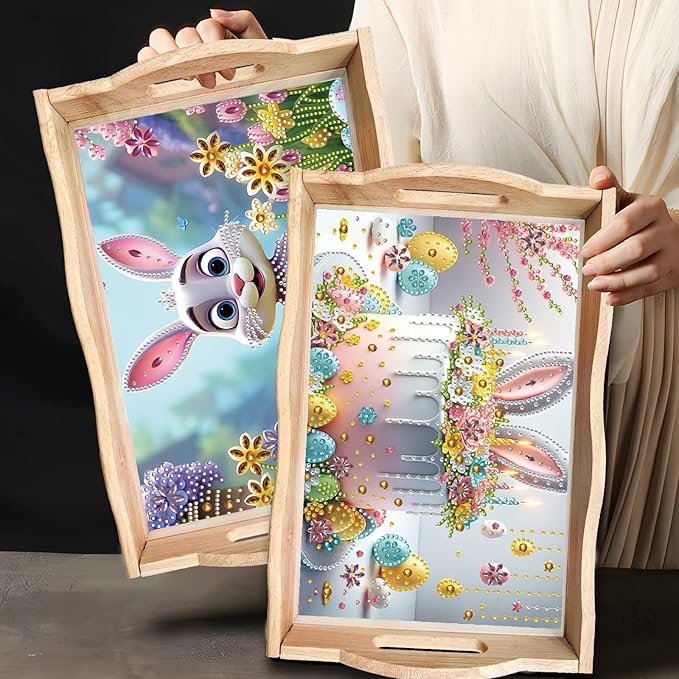 BAYUNOE 2Pcs DIY Diamond Serving Tray Rectangular Breakfast Tray with Handle Handmade Diamond Art Painting Wooden Tray Spring Creative Dinner Plate Coffee Room Living Home Organizer-03