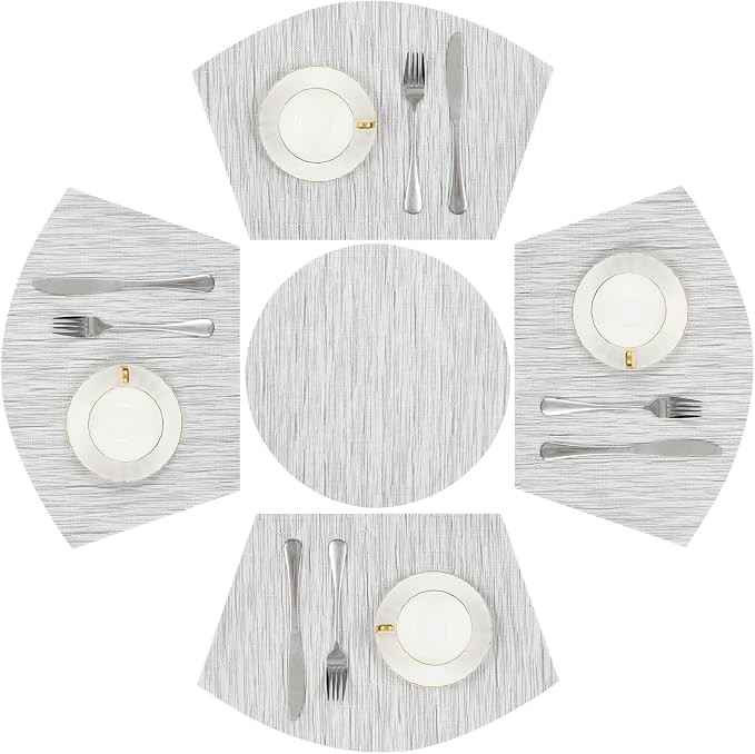 SHACOS Small Round Table Placemats Set of 5 Wedge Shaped Place Mat with Round Centerpiece Mat Heat Resistant Table Mats Washable (5, Gray White)