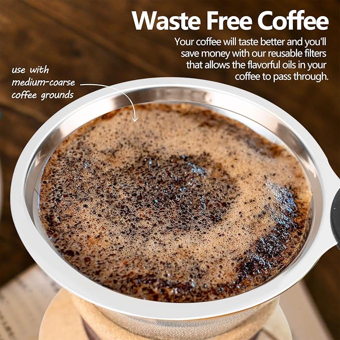 2 Pack Coffee Filters Compatible with Chemex (6, 8, 10 cup) and Hario V60 02 and 03 drippers, Pour Over Coffee Filters- Reusable and Permanent Coffee Cone Dripper