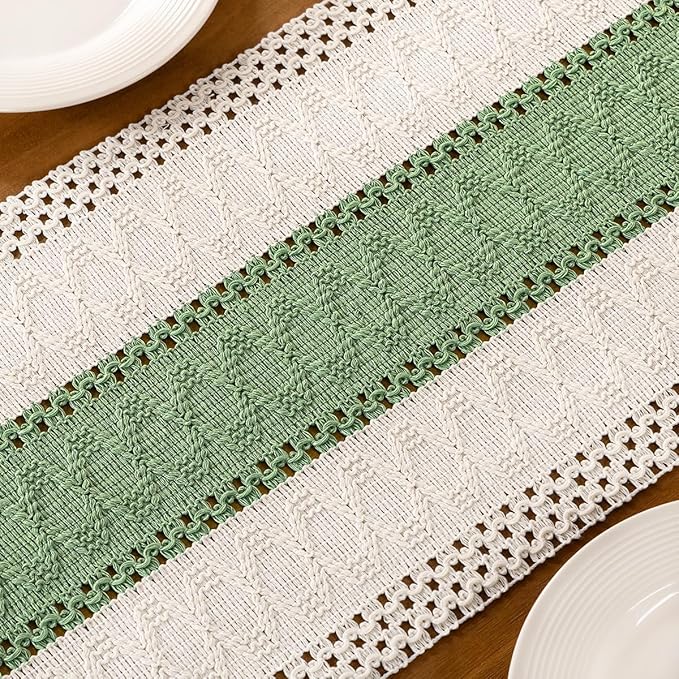 MLMC Sage Green Boho Table Runner Farmhouse Macrame Woven Table Runner 48 inch Long Rustic Cotton Linen Blend Table Decor for Dinning Kitchen Wedding Bridal Shower Eveyrday Use 12x48 Inch