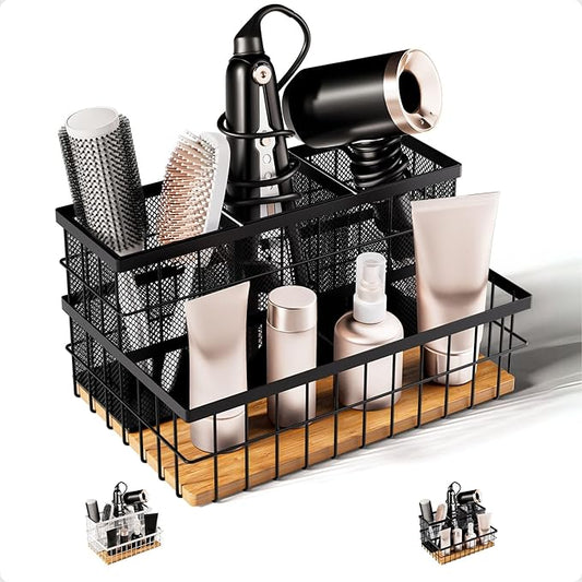 HB Design Co. Hair Tool Organizer - Countertop & Under Sink - Breathable Metal & Bamboo - Hot Hair Tools Organizer - Black