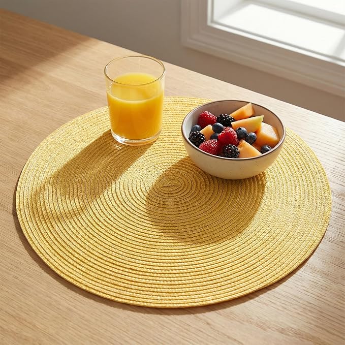 AHHFSMEI Round Braided Placemats Set of 6 Woven Table Mats for Dining Table Heat Resistant Easy to Clean Perfect for Kitchen & Home Decor (Yellow)