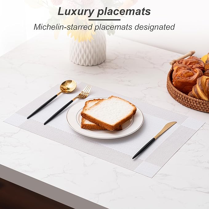 CADONO Placemats Set of 4 Washable Indoor/Outdoor Vinyl Place Mats for Dining Table Durable Non-Slip Heat Resistant PVC Weave Table Mats（Four-Corner-Beige）
